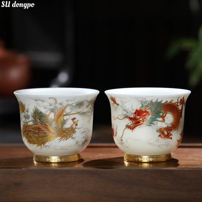 Teeservice aus Porzellan aus Schafsfett-Jade, hochwertige persönliche Meistertassen, Paare aus Drachen- und Phönix-Gegenmundtassen