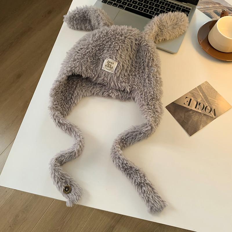 Rabbit Ears Knitted Plush Hat Women's Autumn and Winter Warm and Cold-proof Baotou Hat Versatile Ear Protector Lei Feng Hat Wool Hat