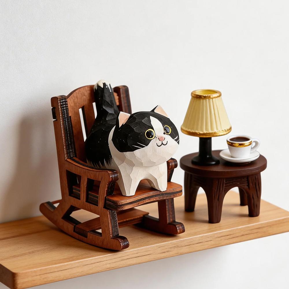Cute Cow cat Animals Figurine Decorative Wooden Car Ornament Mini Kitten statue Rocking Chair For Home Room Desk Gift keychain