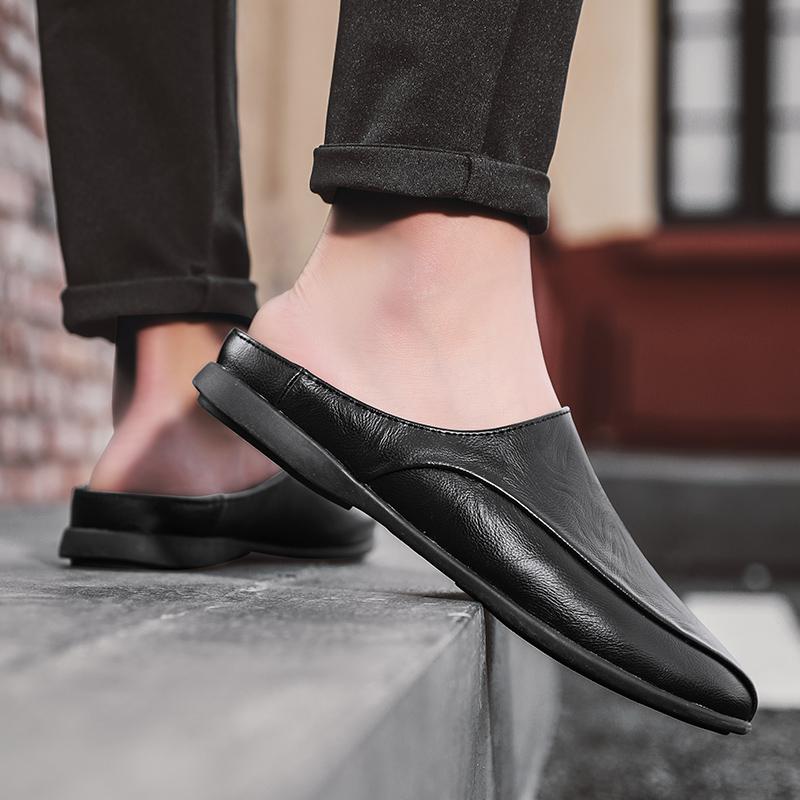 2026 Summer Leather Mens Mules Half Shoes for Men Slip-on Loafers Slippers Semi-Drag Backless Driving Shoes Flat Casual Shoes