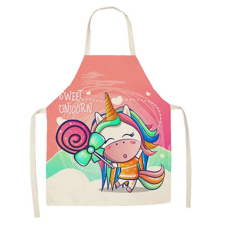 1Pcs Kitchen Apron Cartoon Unicorn Music Printed Cotton Linen Aprons for Women Men Cooking Accessories Delantal Cocina Mujer
