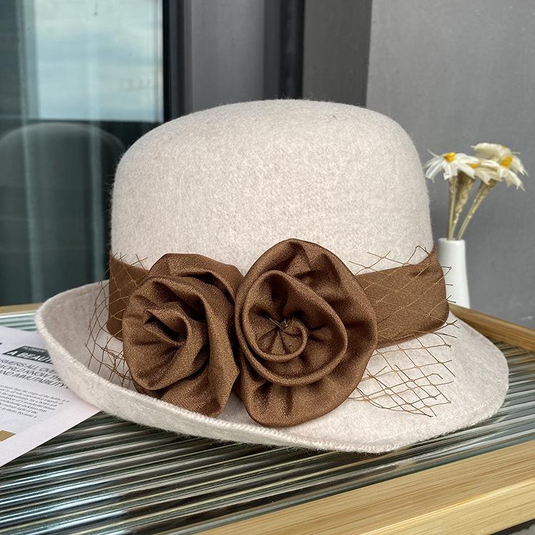Autumn And Winter Satin Flower Woolen Hat Women'S Dome Curled Top Hat Women'S British Retro Bucket Hat