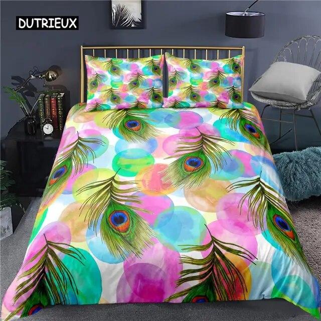 Peacock Duvet Cover Plum Blossom Decor Bedding Set King Size Crane Peacock Feather Floral Pattern Romantic Polyester Quilt Cover  Three-piece Set