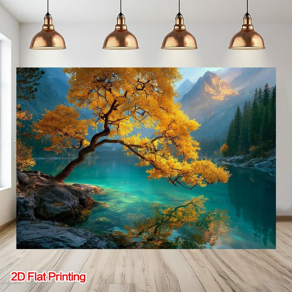 2D Plane, 1 Piece. Autumn Trees by the Lake. Suitable for Home Studio Decoration and Balcony/yard Background.