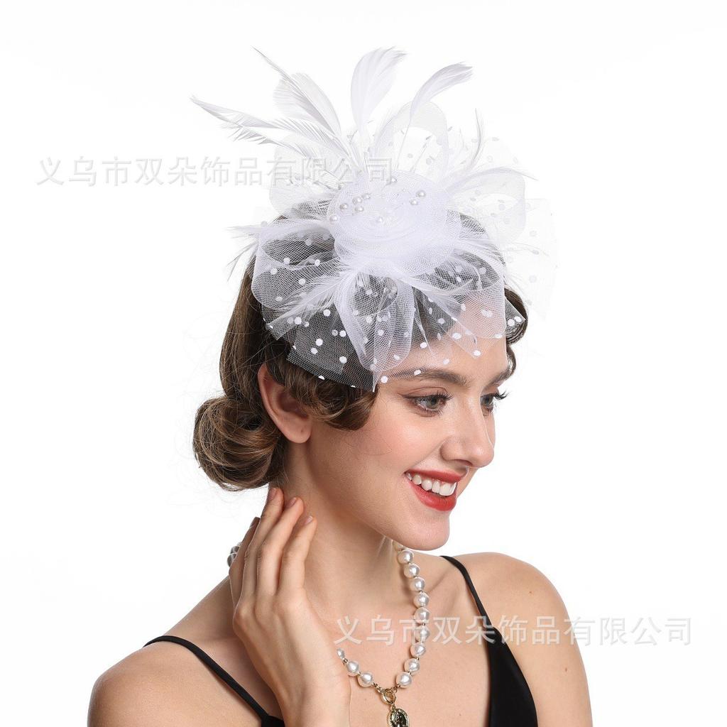 Popular European and American Bridal Headgear Feather Head Flower Horse Racing Festival Mesh Yarn Top Hat Mesh Yarn Feather Headgear