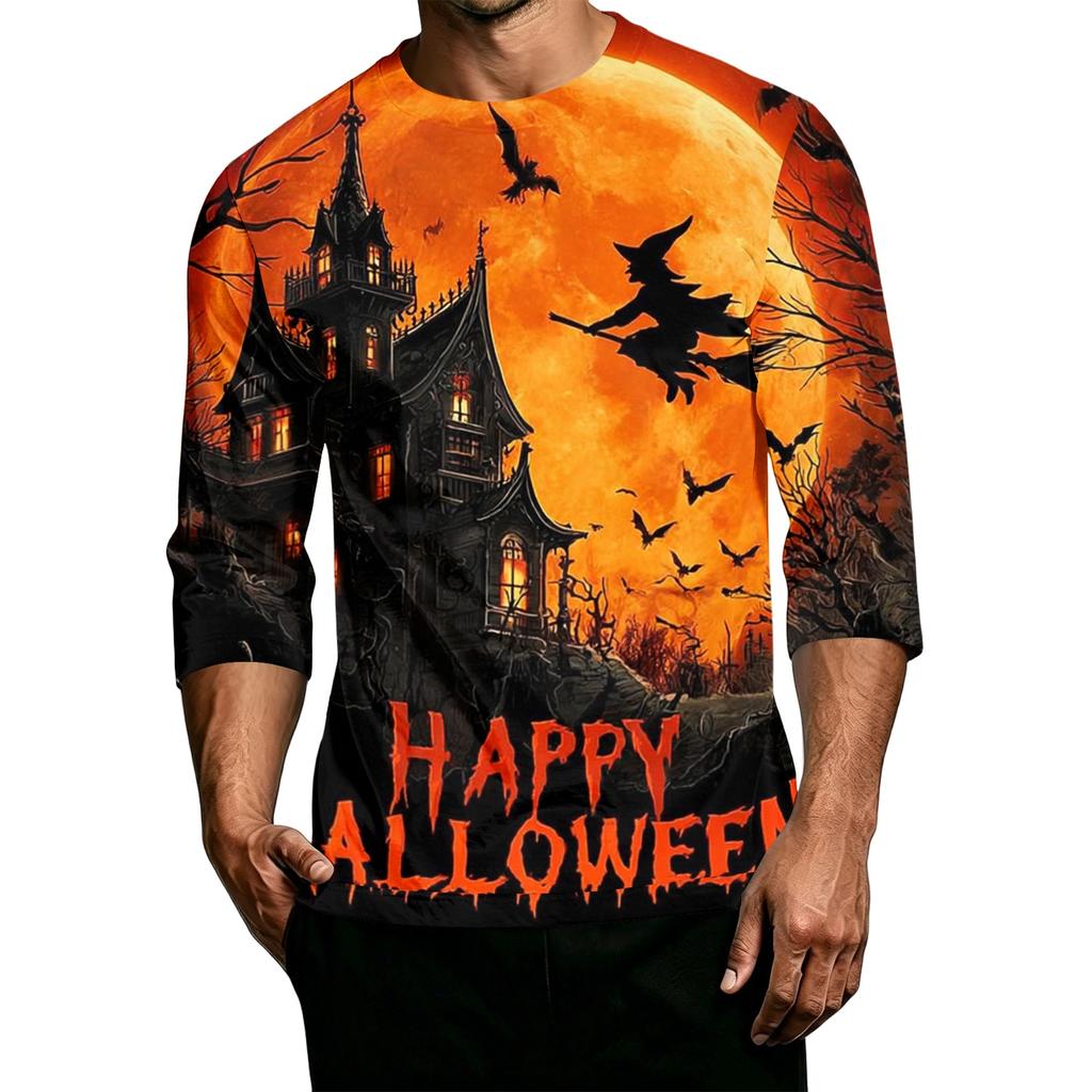 Men's Casual Halloween Print Crew Neck T Shirt Three Quarter Sleeve Top Lightweight Comfortable Fit for Daily Wear