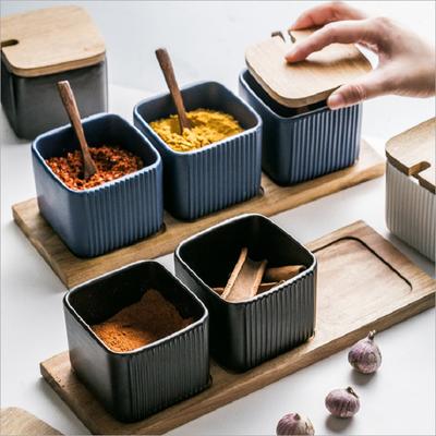 Tarro Cuadrado Vertical de Cerámica para Condimentos Color Mate Esmaltado Sal Azúcar Especias (sin bandeja, sin cuchara)