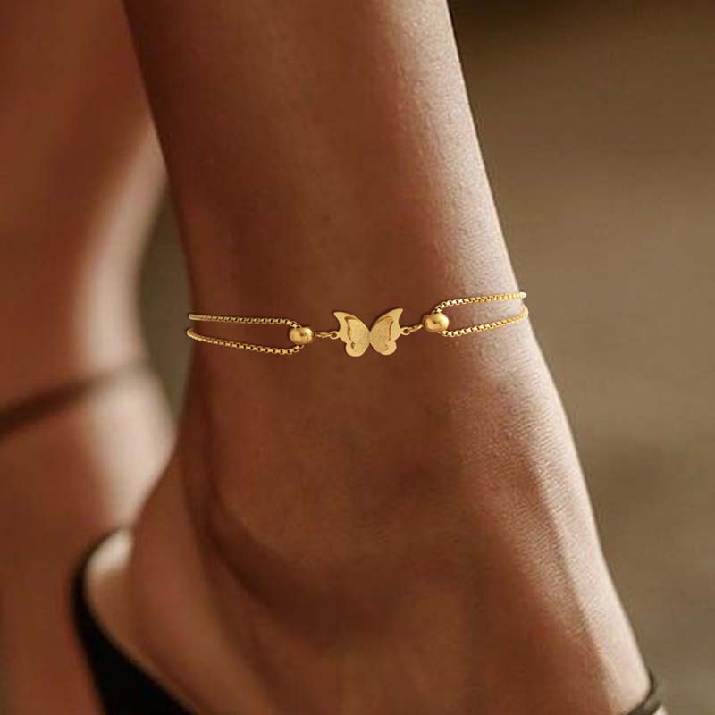 Stainless Steel Metal Double Layer Butterfly Anklet For Women Fashion Gold Color Adjustable Feet Chain Anklet Jewelry Gifts золотой