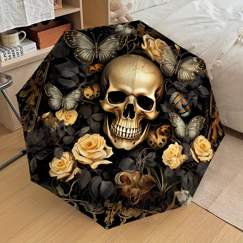 1PC Skull Flowers Umbrella-8-Rib Reinforced, Automatic Open, Lightweight & Durable, Fashion Accessory for Outdoor-D318