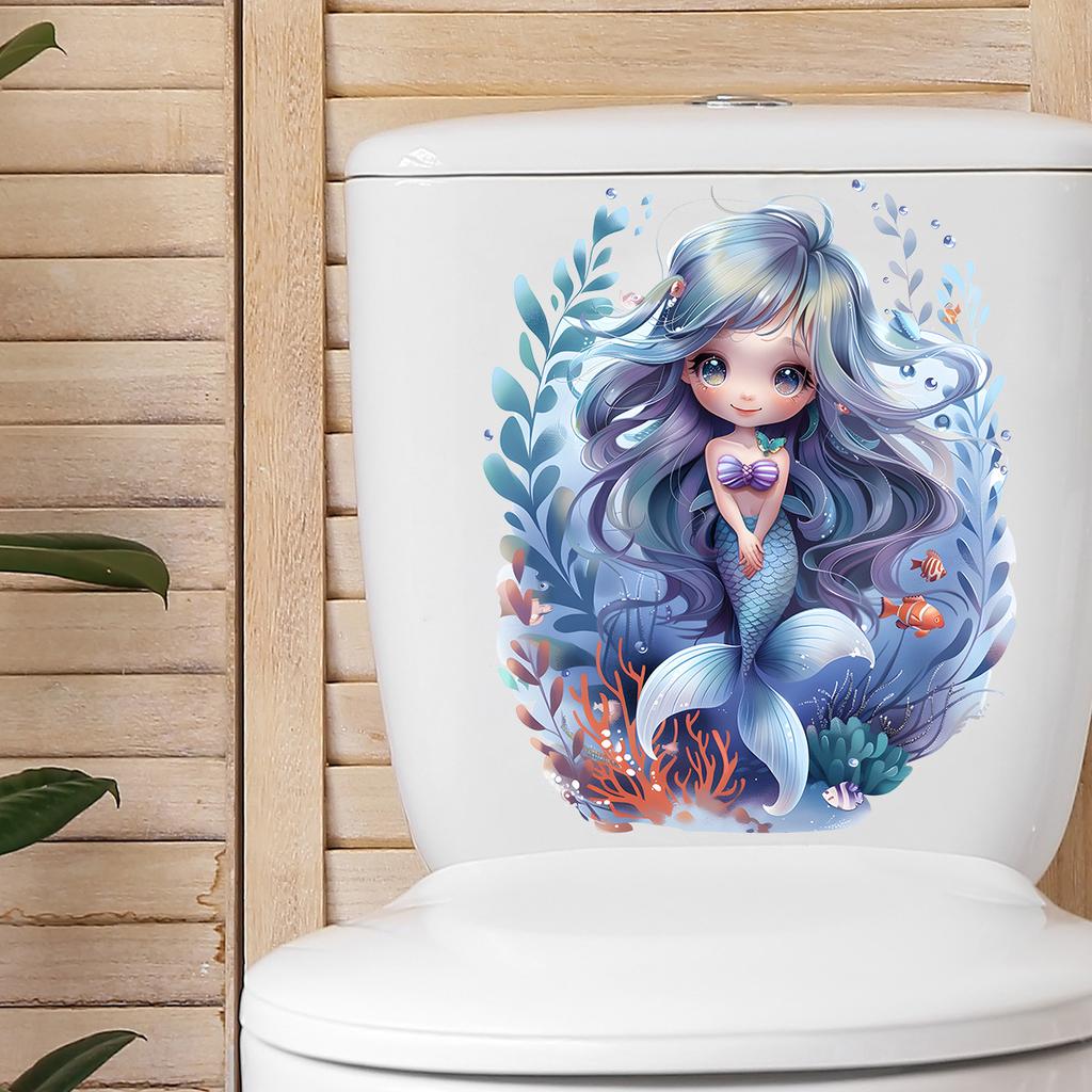 Cartoon Mermaid & Coral Toilet Seat Stickers, Waterproof Removable Self-Adhesive Bathroom Decals