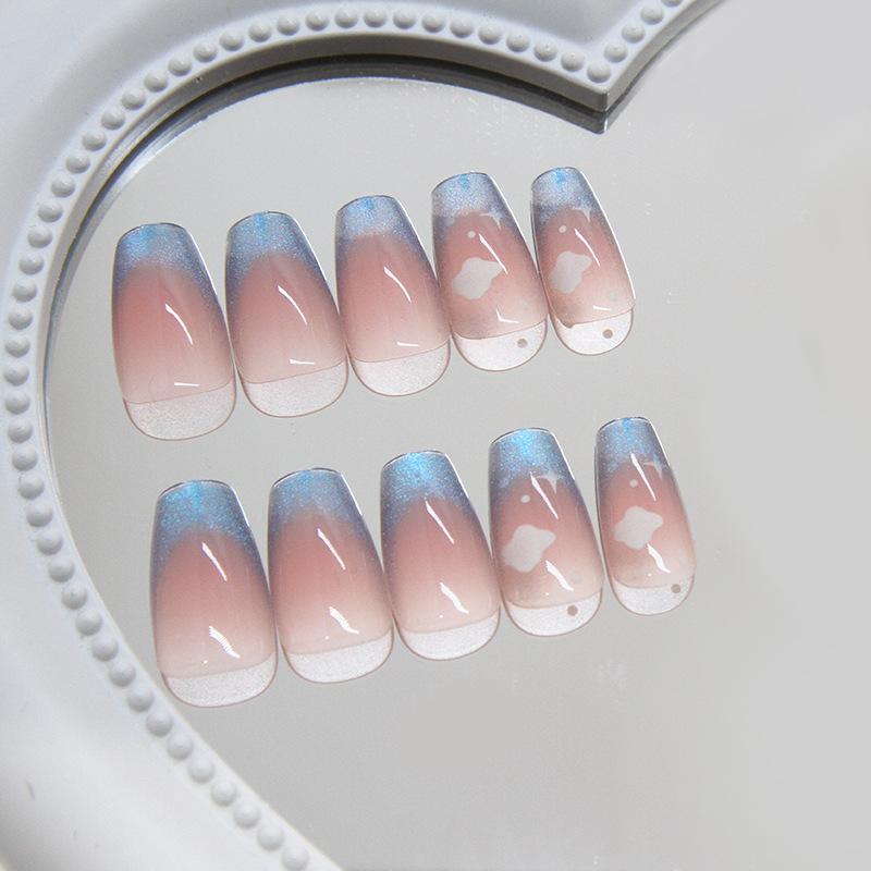 Cat's eye wearing nail piece, blue French sky removable nail piece, simple fine flash nail patch 24 pieces