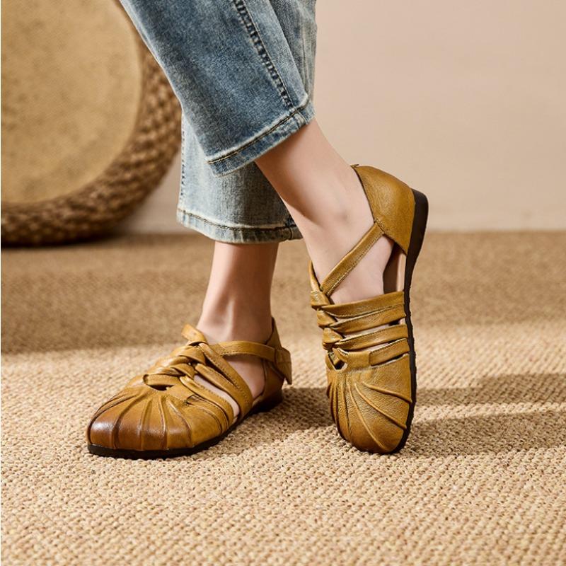 Genuine Leather Hollow Out Women Sandals Summer New Women's Flat Shoes Cow Tendon Soft Sole Comfortable Casual Mom Shoes