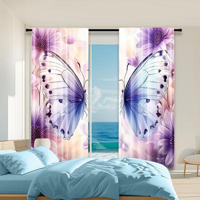 2Pcs Flower Butterfly Digital Printed Window Curtains Polyester Material Suitable For Living Room Kitchen Bedroom Study Dining