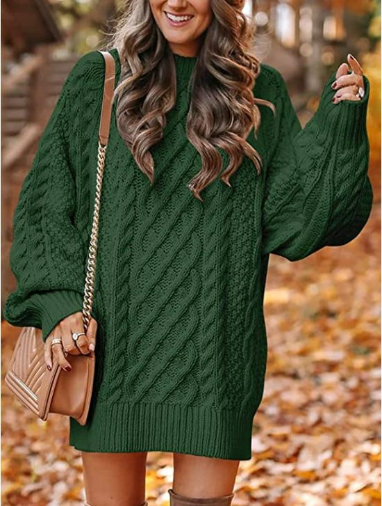 European & American Women's Oversized Cable Knit Sweater Dress - Round Neck, Long Sleeve, Mid-Length, Warm