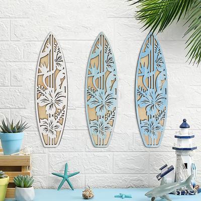 Wooden Surfboard Wall Hanging Decor Coastal Beach Hollow Surfboard Wall Art for Summer Tropical Bedroom Living Room Decoration