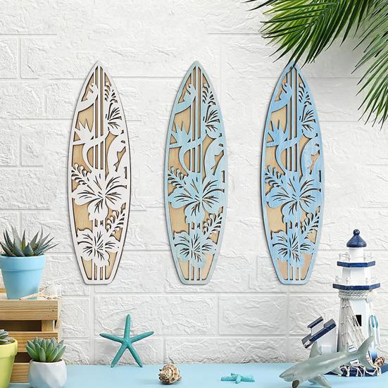 Wooden Surfboard Wall Hanging Decor Coastal Beach Hollow Surfboard Wall Art for Summer Tropical Bedroom Living Room Decoration