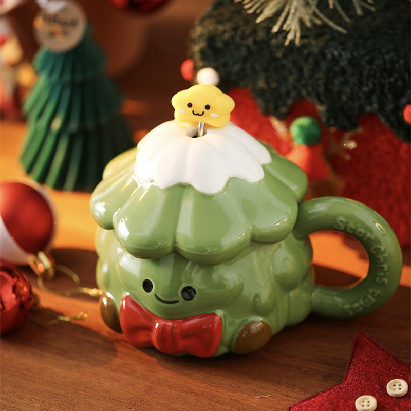 420ml Christmas Tree Ceramic Water Cup Creative Milk Mug with Lid Spoon Afternoon Camellia Flower Tea Coffee Cup Christmas Gift