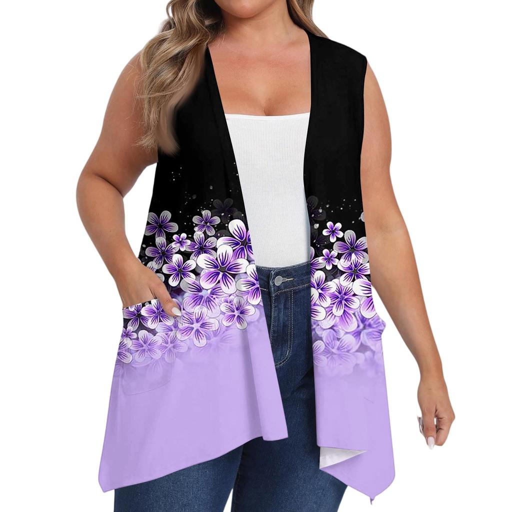 Women's Oversized Loose Casual Printed Sleeveless Vest With Pocket Cardigan Jacket Cardigan Jacket