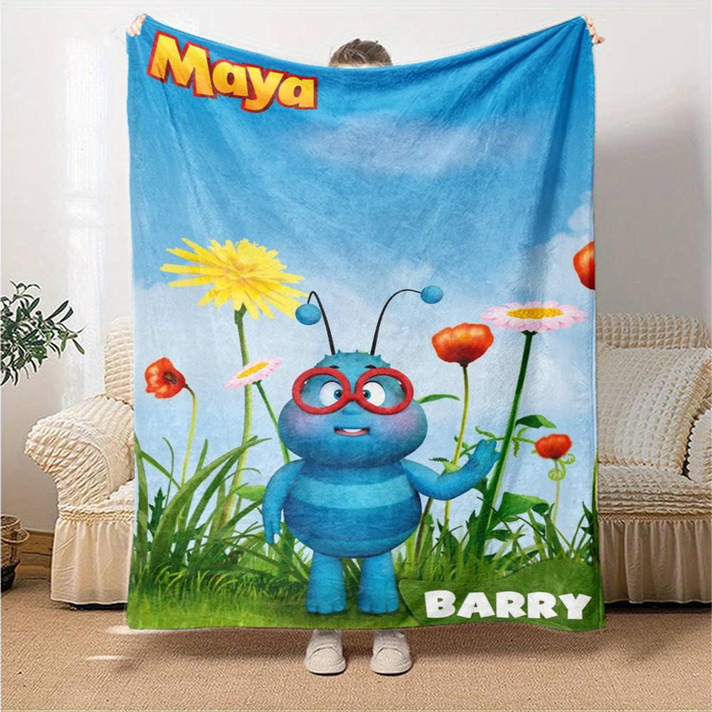 Barry Blue Bee Maya The Bee Cartoon Character Print Flannel Blanket Soft Warm Throw Blanket for Sofa Bed Living Room