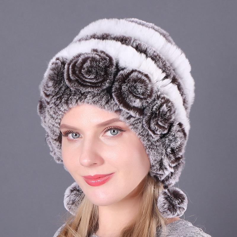 Women's Warm Rex Rabbit Fur Hat with Ear Protection and Pom-Poms