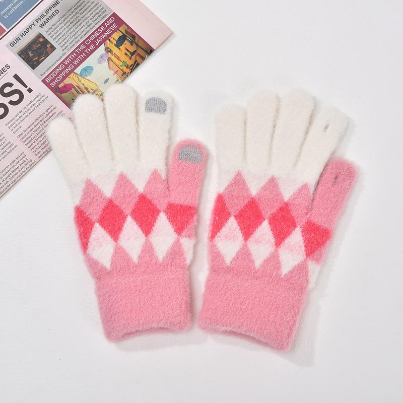 

Осень и зима теплые вязаные перчатки женские велоперчатки холодные перчатки взрослые модные ромбовидные полные перчатки