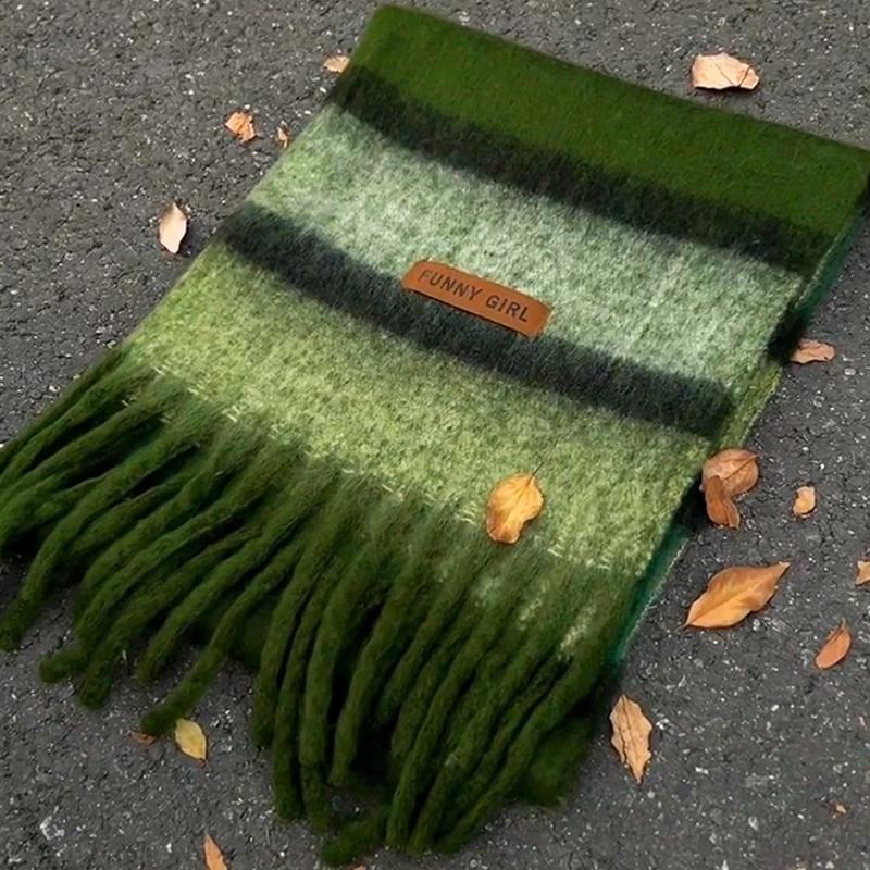 Autumn And Winter  Thickened Mohair Scarf For Women All-Match High-End Tassel Maillard Plaid Warm Neck Scarf