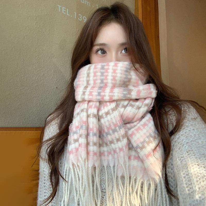 1pc 2026 Autumn And Winter New Scarf Women's Korean Style All-match Plaid Tassel Student Warm Neck Scarf