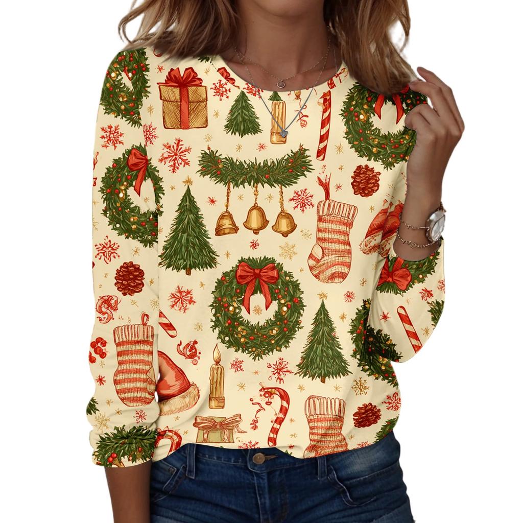 Women's Fashion Christmas Print Neck Long Sleeve Pullover Top for Holiday Wear