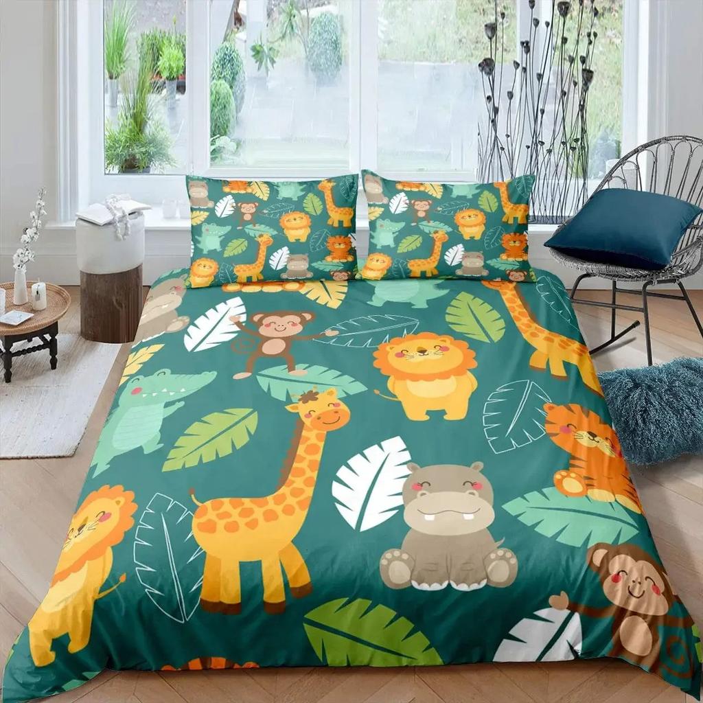 Cartoon Tiere Bettbezug Set King Size Savanne Tropischer Wald Dschungel Wildtiere Bettwäsche Set Kinder Zoo Polyester Bettdeckenbezug