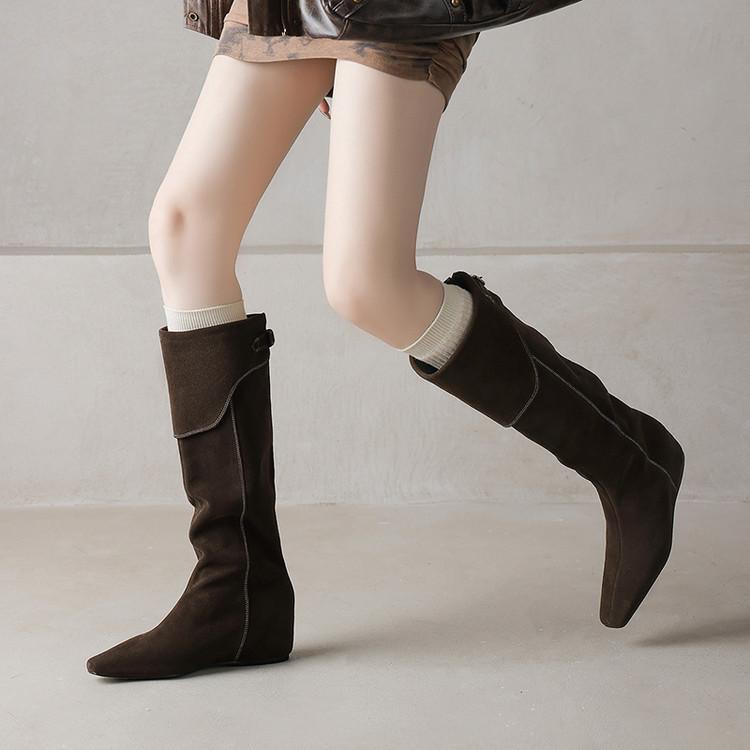 Blogger Wear~ 2025 Suede Square Heel Lapel Western Boots Tall Knight Boots Brown Boots Women
