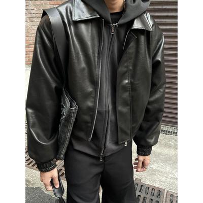 Frühling Herbst Cool Übergroß Kurz Schwarz Weiche PU Jacke Herren Reißverschluss Vintage Kleidung