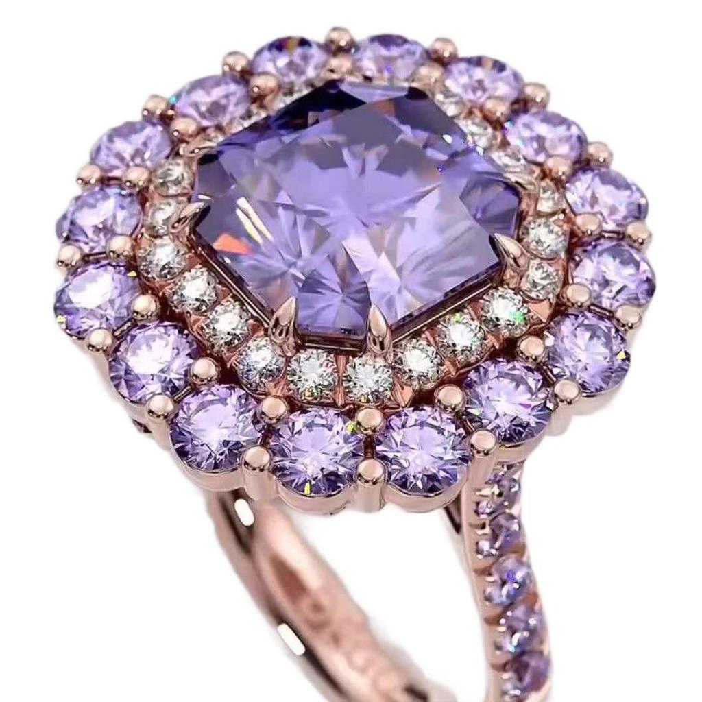 Otevřený nastavitelný prsten v barvě růžového zlata s fialovým diamantem a plnými diamantovými akcenty