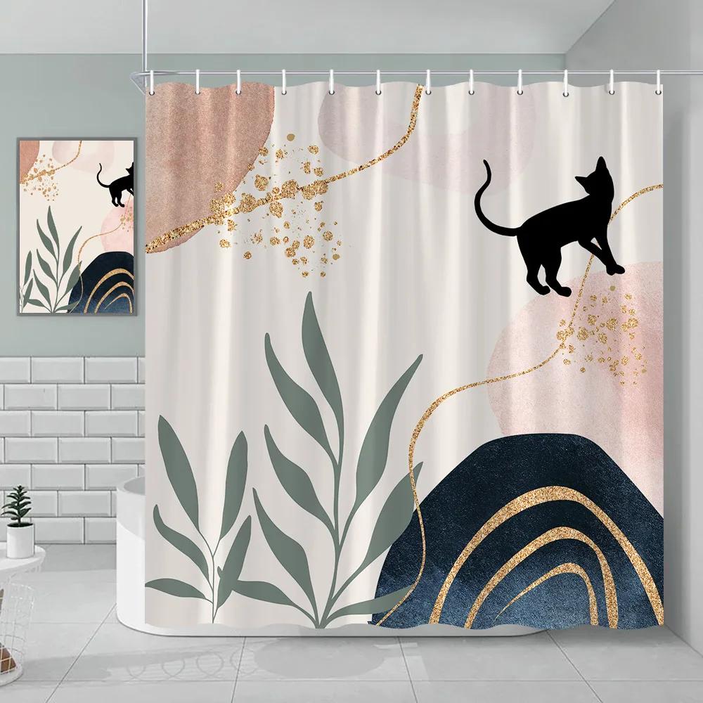 Bohemian Shower Curtain Cat Romantic Mid Century Modern Minimalist Abstract Lines Geometric Tropical Plants Bathroom Decoration