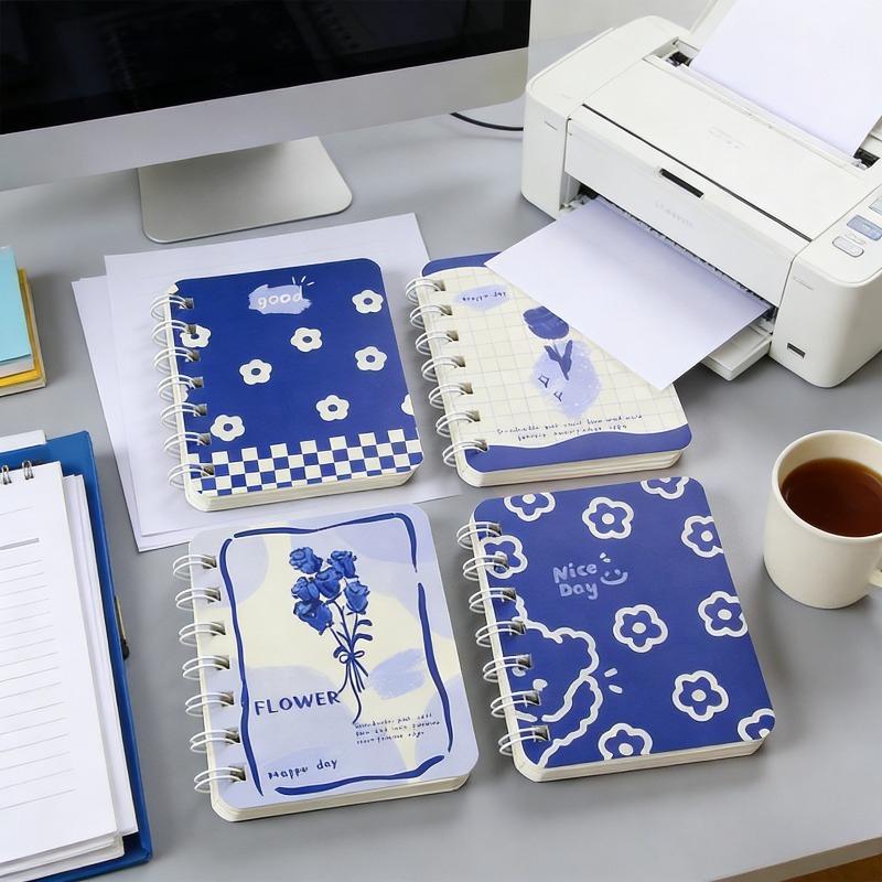 2Pcs Blue Rose Flower Pattern Cartoon A7 Coil Book Pocket Mini Notebook Diary Portable Office Notepad Daily Weekly Planner School Supplies Holiday Gi