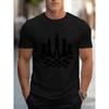 European Size Men's Dark Blue T - Shirt with Chess Pieces Graphic Design and Checkered Pattern, Casual Outdoor Pocket Black Pants Outfit