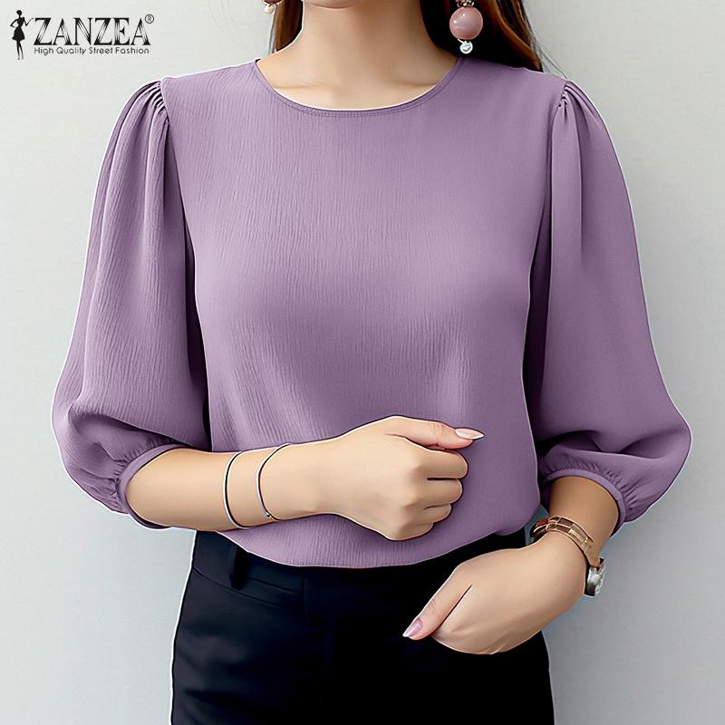 ZANZEA Womens Casual Round Neck Solid Color 3/4 Sleeve Blouse