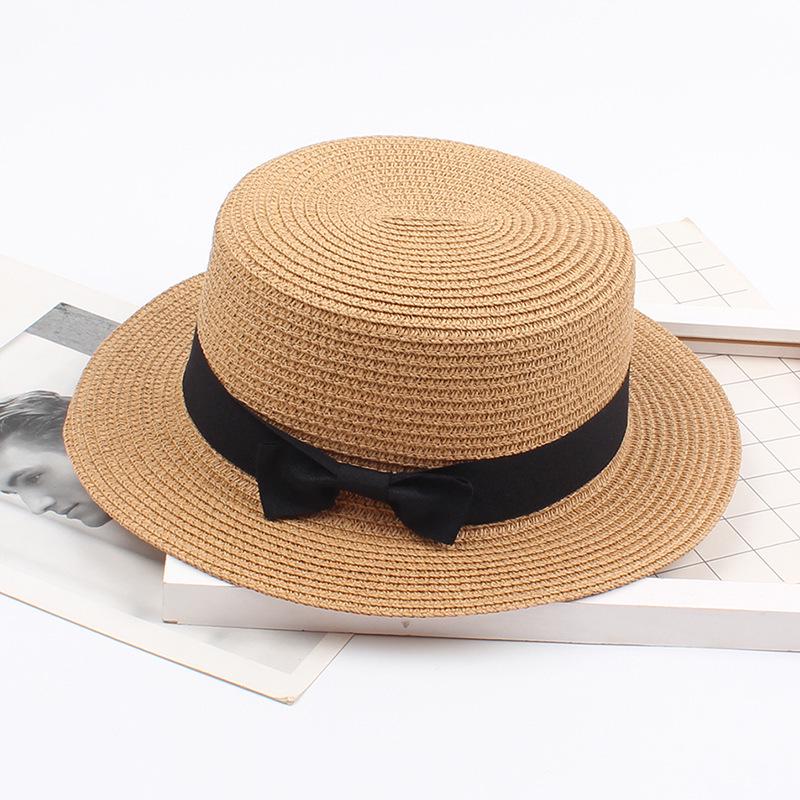 Korean Straw Hat - Retro Bow Flat Top Fedora for Spring & Summer Beach Days