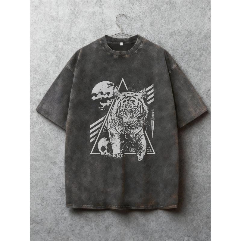 

Men s Vintage Tiger & Moon Distressed T-Shirt - Retro Washed Crew Neck Casual Tee with Tiger and Moon Graphic Design, Machine Washable Suitable S чёрный