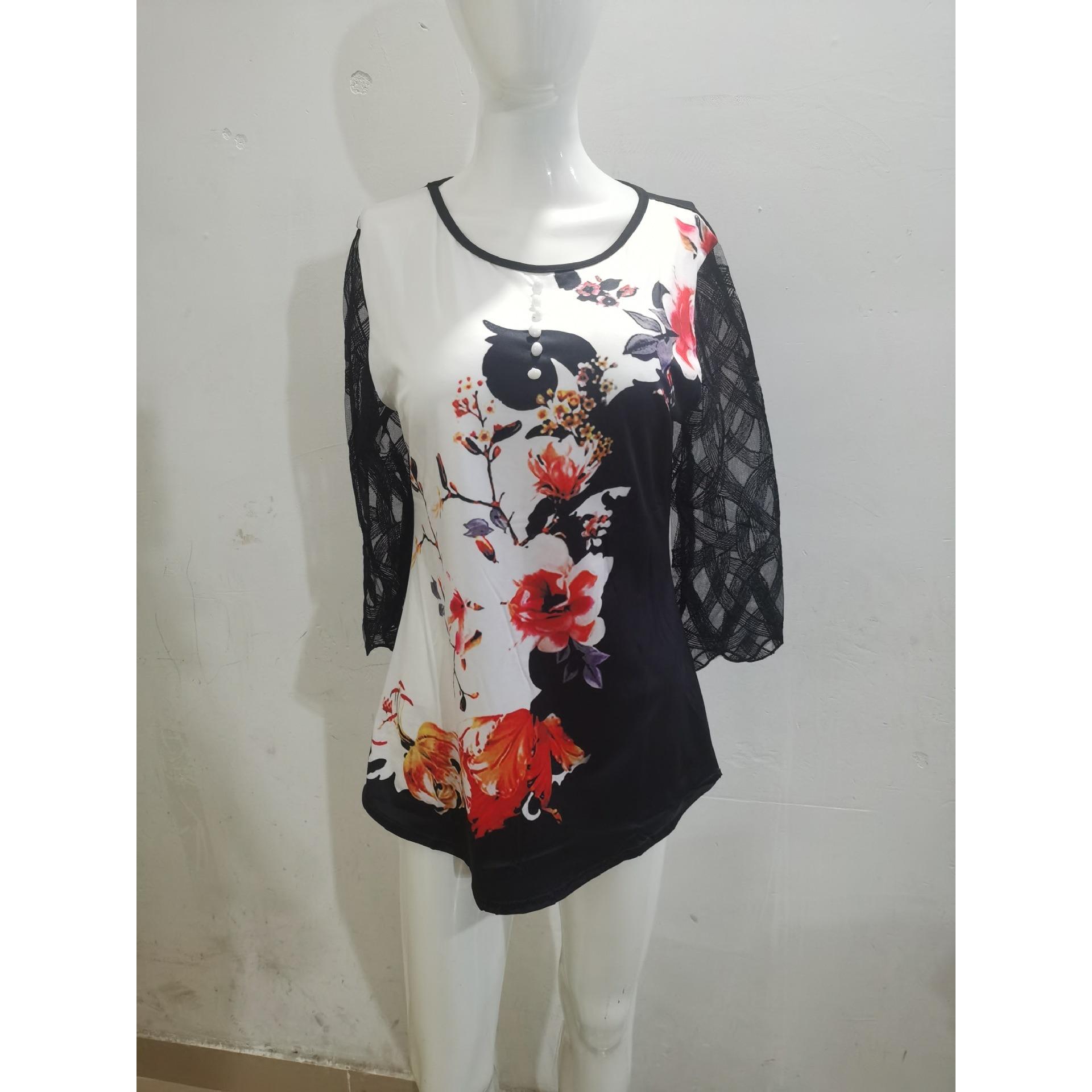 

QICED Футболка женская с круглым вырезом, принтом на пуговицах, кружевом и пятью рукавами в стиле пэчворк, весна-осень XXXXXL