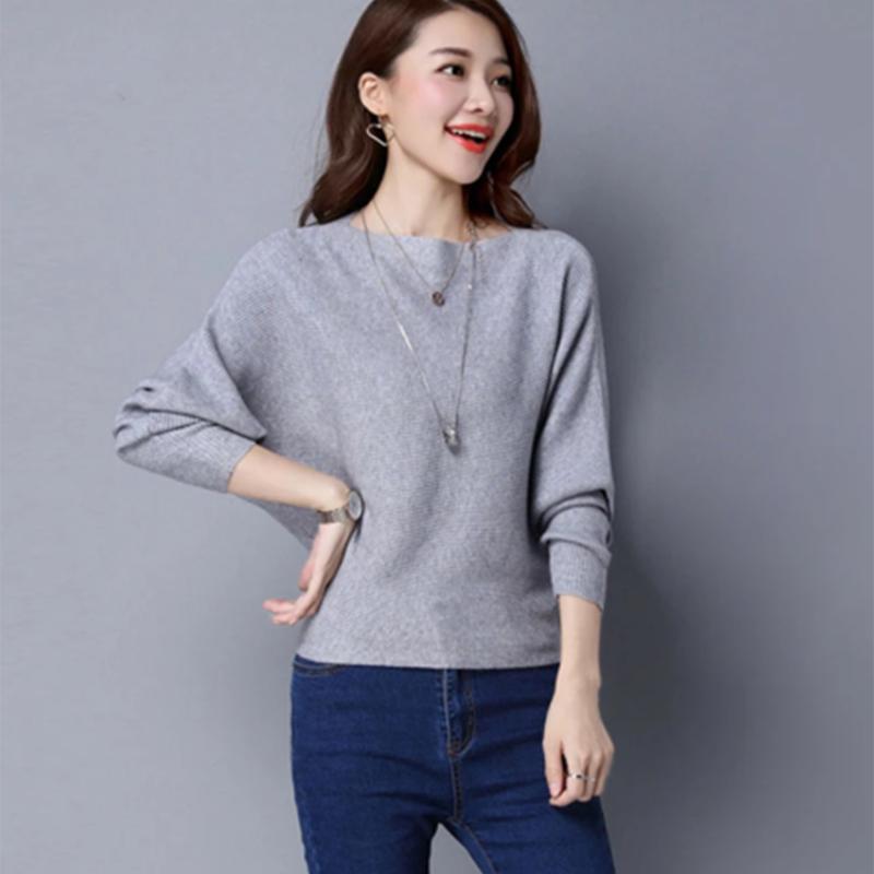 

Вязаные свитера для женщин, пуловеры с рукавами «летучая мышь» и вырезом на шее, свитер на весну и осень, однотонные вязаные топы, женские свитера XL серый