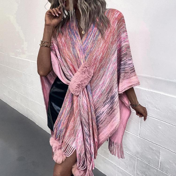 Women Winter V-Neck Loose Knitwear Cardigan Bat Sleeve Cross Border Cloak Autumn Color Collision Sweater