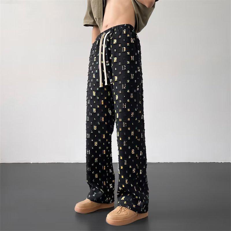 Men's Summer Plaid Casual Pants with Hollow Design - Loose, Straight, High-Street Style