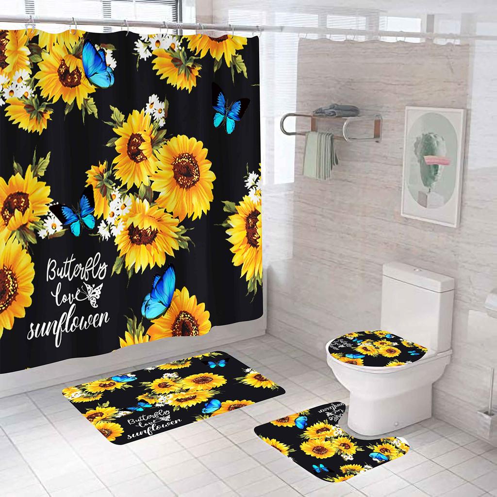 Sunflower Butterfly Waterproof Shower Curtain Bathroom Mats Set Toilet Lid Cover Rugs Anti Slip Carpets Shower Room Floor Mats
