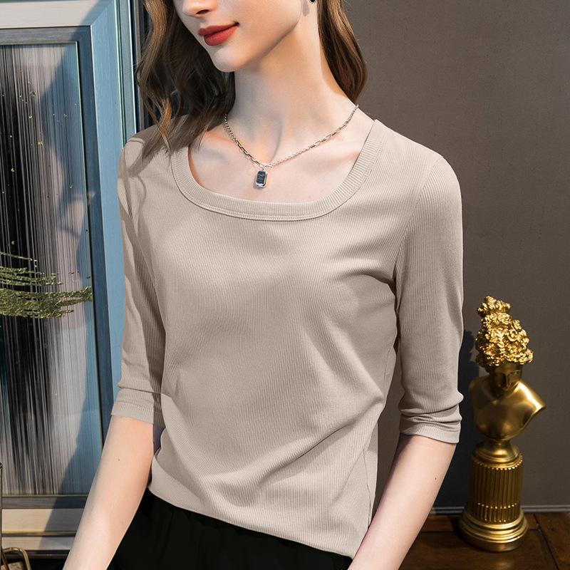 

Белое женское термобелье из синьцзянского хлопка с рукавами три четверти, новая летняя футболка с U-образным вырезом и рукавами до локтя, свободного кроя, со средними рукавами M хаки