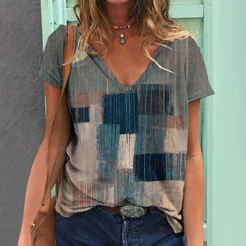 Summer Women's T-shirt Vintage Geometric Print Short Sleeve Tops Female Fashion Clothing V-Neck Oversized Pullover Daily Blouse