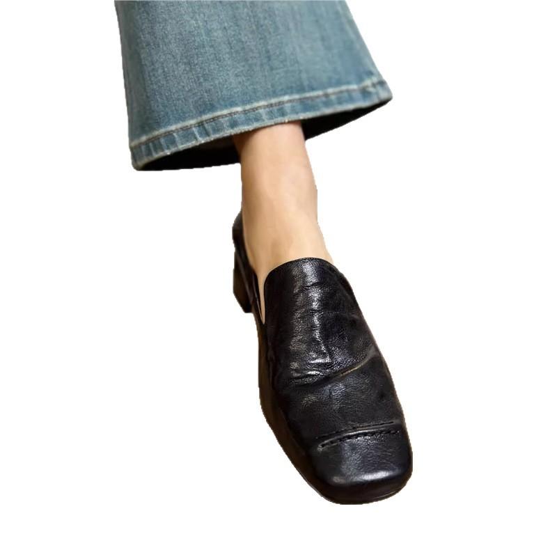 Old Money Style Retro Square Head Thick Heel Loafers Women's Autumn Middle Heel Single Shoes Commuter Small Leather Shoes Brown