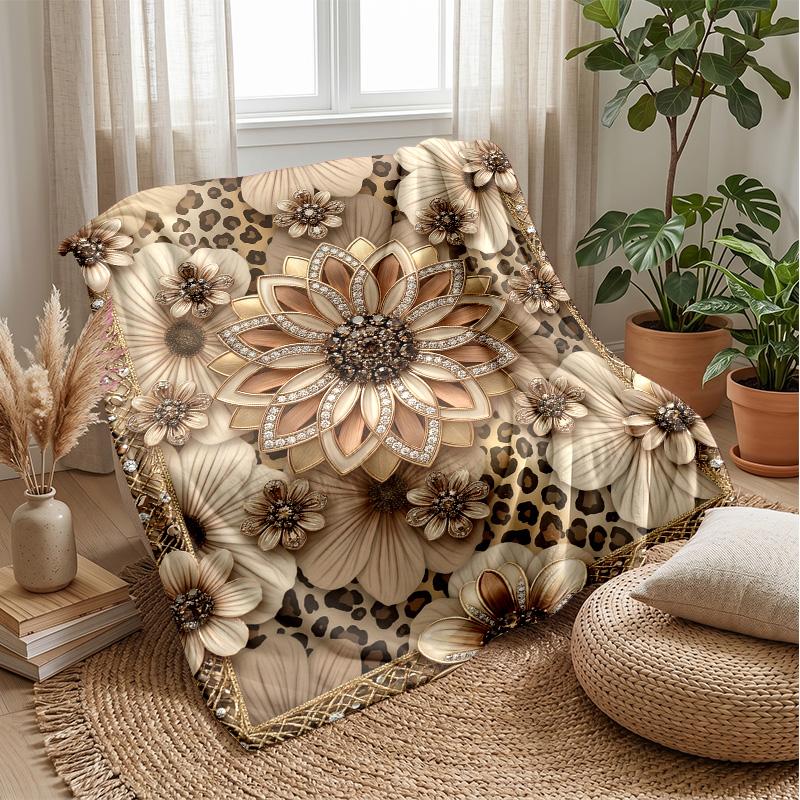 Gold Glitter Leopard Roses Theme Blanket Lightweight Warm Flannel Blanket Decorative Throw Blanket for Home Decoration