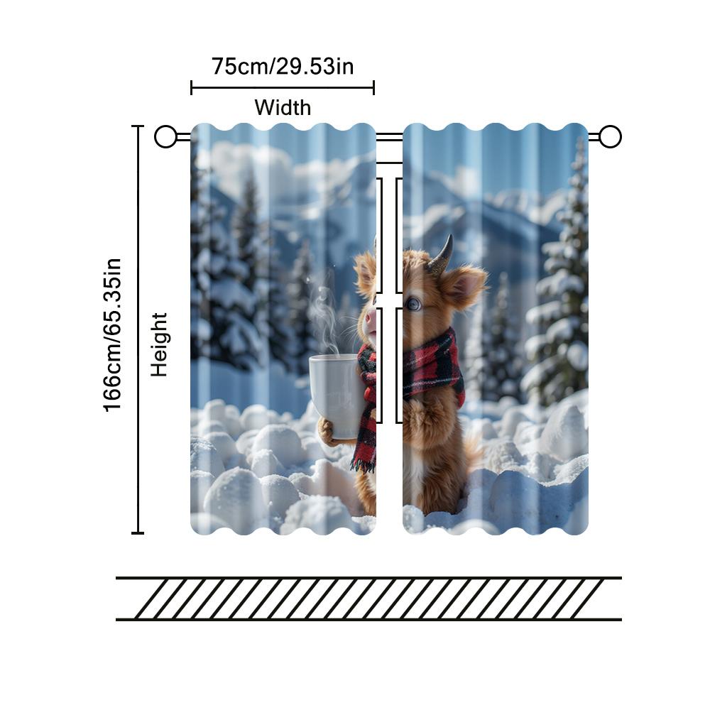 2 pcs   filtering curtains (excluding rods   non-movable   without batteries) A calf drinking  cocoa for use in bedrooms and