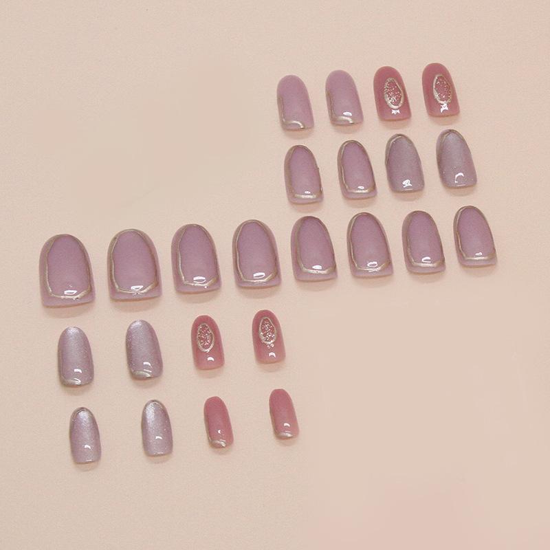 Fake Nails Cat's Eye Wearing Nail Lilac Removable Tablets Simple Gold Nail Patches 24 Tablets