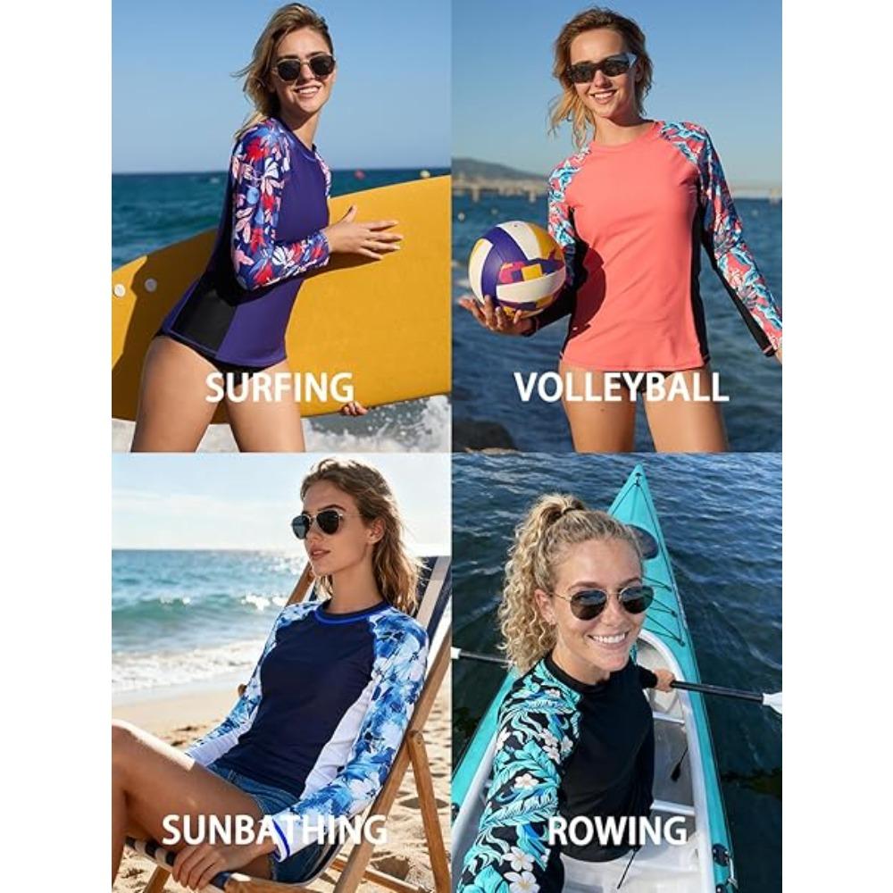 CHARMLEAKS Women Rash Vest Long Sleeve Tops Sun Protection UPF 50+ Beach Swimming Tops (No Bottom)